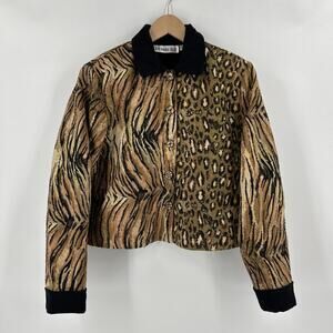 Vintage 90s Tunique Tapestry Jacket Womens Size L Leopard Animal Print Beaded